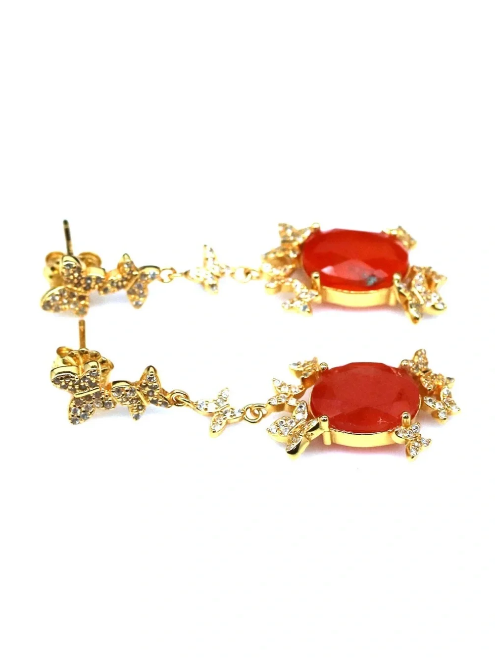 Natural Carnelian 3CT w/ Zircon in 18K Yellow Gold butterfly Dangle Earrings